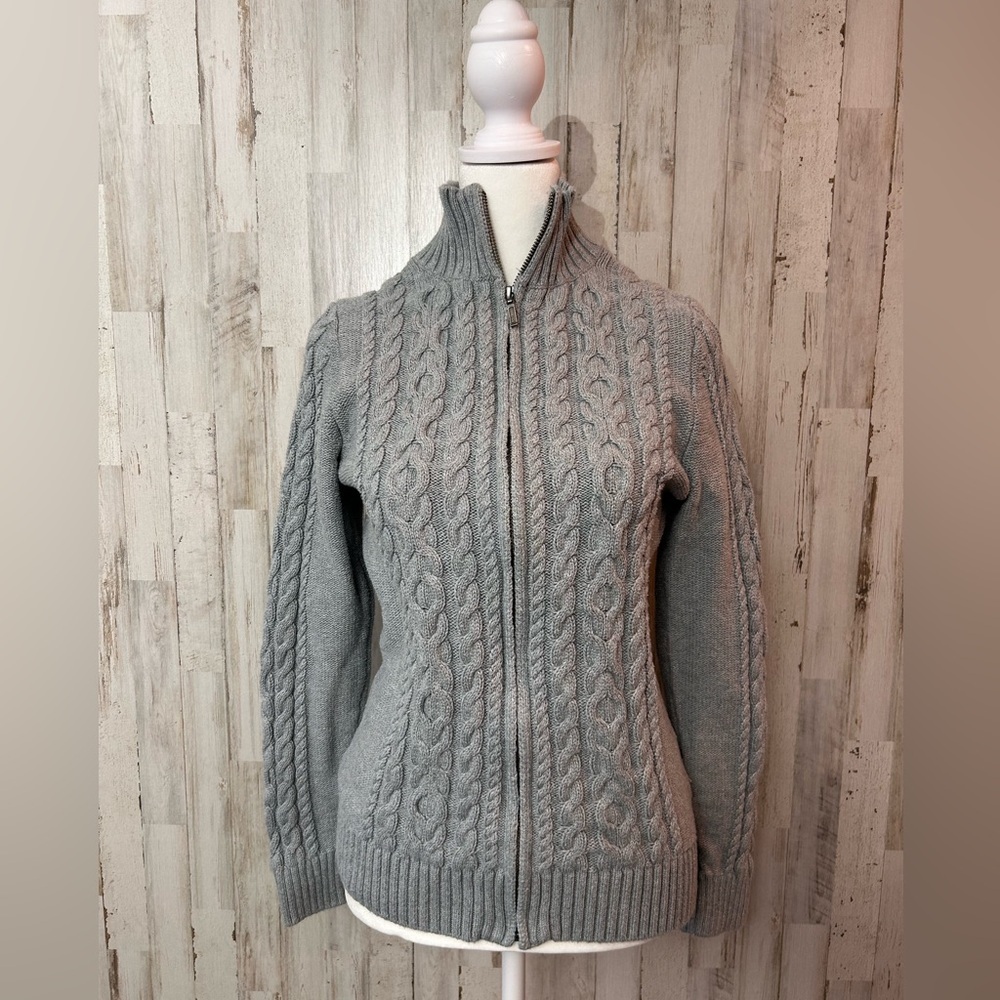 L.L. Bean Gray Cable Knit Full Zip Sweater Cotton Women’s Small